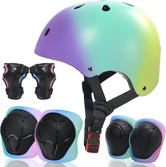 Kids Bike Helmet and Pads Set for Ages 2–14, CPSC Certified Adjustable Helmet with Knee Elbow Wrist Guards, for Skateboard, Scooter, Skating, Rollerblading, Multi-Sport Protective Gear-BubblyBeeBaby