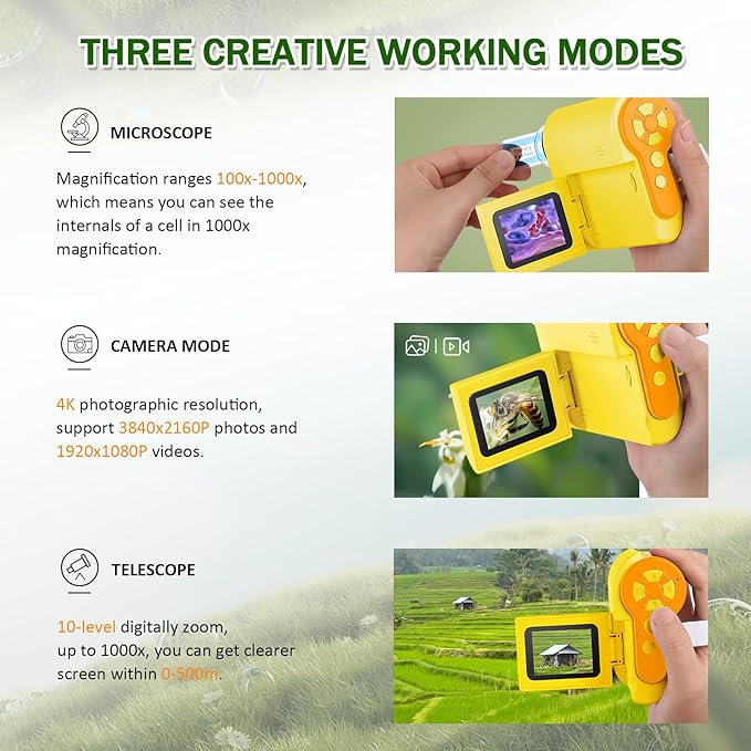 1000X Handheld Microscope for Kids, 4K 2.0" Screen Mini Pocket Microscope with 6 Adjustable LED Lights, Edu Science Birthday Gifts for Kids Ages 8-12, 32G SD Card Included - Yellow-BubblyBeeBaby