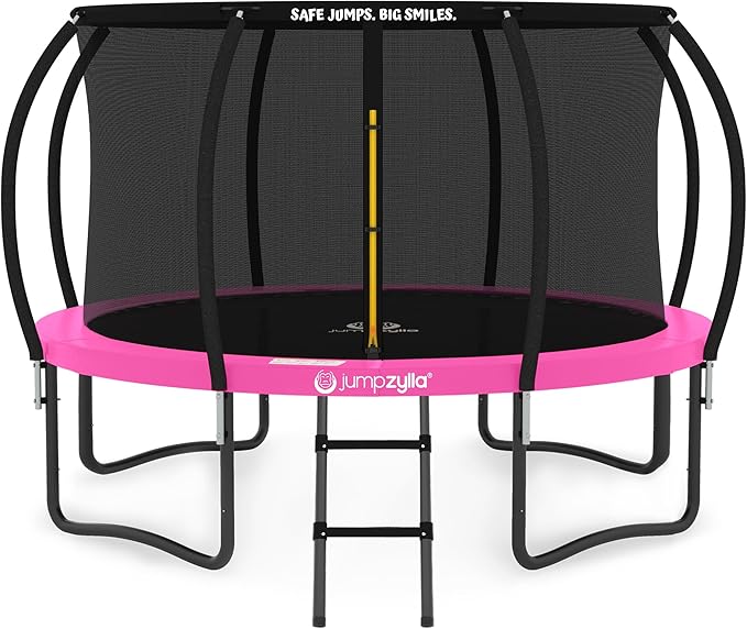 JUMPZYLLA Trampoline Outdoor 8FT 10FT 12FT 14FT 15FT 16FT with Enclosure and Ladder, ASTM Approved Recreational Trampoline for Kids and Adults, Anti-Rust Coated Frame-BubblyBeeBaby