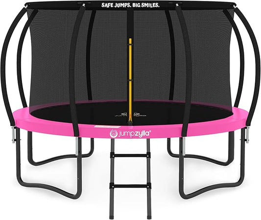 JUMPZYLLA Trampoline Outdoor 8FT 10FT 12FT 14FT 15FT 16FT with Enclosure and Ladder, ASTM Approved Recreational Trampoline for Kids and Adults, Anti-Rust Coated Frame-BubblyBeeBaby