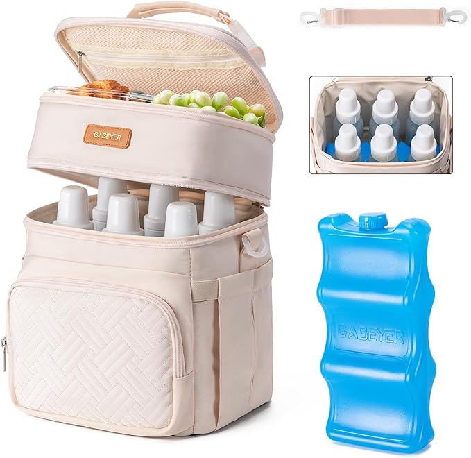 Insulated Breastmilk Cooler Bag with Ice Pack - Holds 6x9oz Bottles, Leakproof Double Layer, Adjustable Strap for Nursing Moms, Daycare & Travel,Pearl White-BubblyBeeBaby