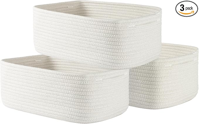 KALLAX Small Woven Basket, 13.5 x 9.5 x 5 Inches, Storage Basket for Organizing, Cute Small Rope Shelf Closet Cube Storage Bins Baskets for Shelves, Dog Toy Gift Baskets Empty, 3 Packs, Off White-BubblyBeeBaby