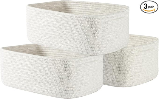 KALLAX Small Woven Basket, 13.5 x 9.5 x 5 Inches, Storage Basket for Organizing, Cute Small Rope Shelf Closet Cube Storage Bins Baskets for Shelves, Dog Toy Gift Baskets Empty, 3 Packs, Off White-BubblyBeeBaby