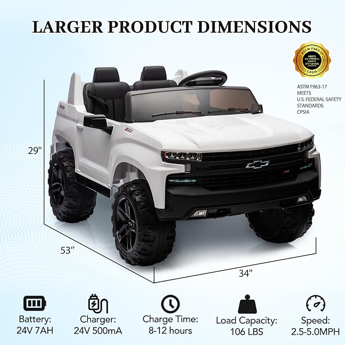 Hetoy 24V 2-Seater Truck Licensed Chevrolet Silverado Ride On Car Toy w/Parent Remote Control,4xSpring Suspension, 3 Speeds, Wireless Music, MP3 Player, Electric Vehicle Car for Kids, White-BubblyBeeBaby
