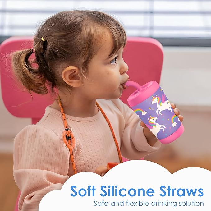 Kid Insulated Stainless Steel Tumbler with Silicone Straw, 12oz Sippy Cup for Kids (Unicorn)-BubblyBeeBaby