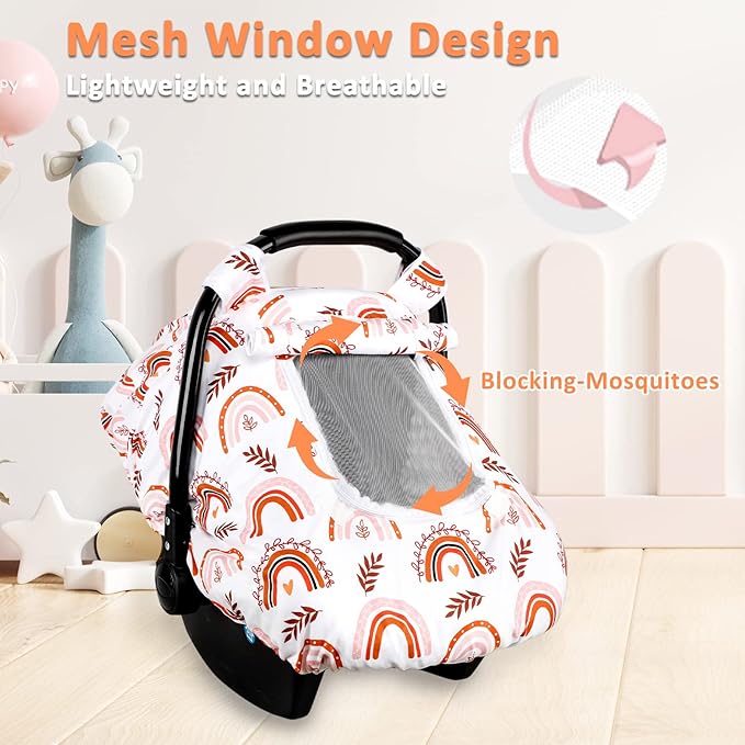 Pea Pod Baby Car Seat Cover Girls, Infant Rainbow Car Seat Covers Canopy for Newborn,2 Layers Windows of Breathable Mesh/Fabric, Lightweight Polyester/Minky Dot Backing, Snug Fit Most Baby Car Seat-BubblyBeeBaby