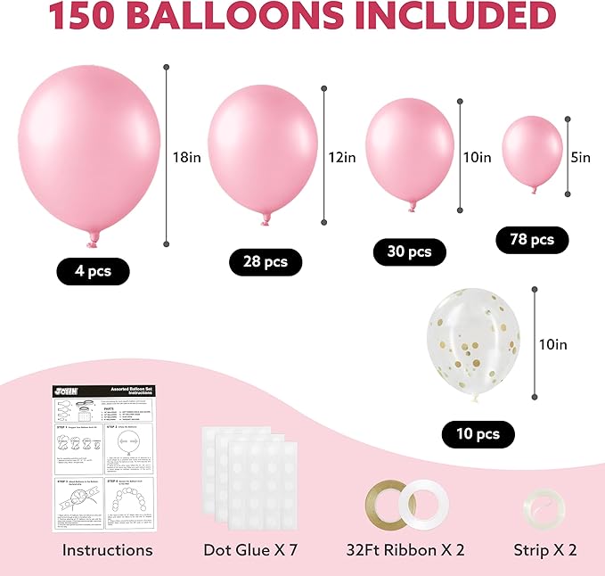 JOYIN 150 Pcs Pastel Pink Balloons, Different Sizes 18 12 10 5 Inch Pastel Pink Latex Balloon Arch Kit with Instruction for Birthday Decoration Party Graduation Wedding Holiday-BubblyBeeBaby