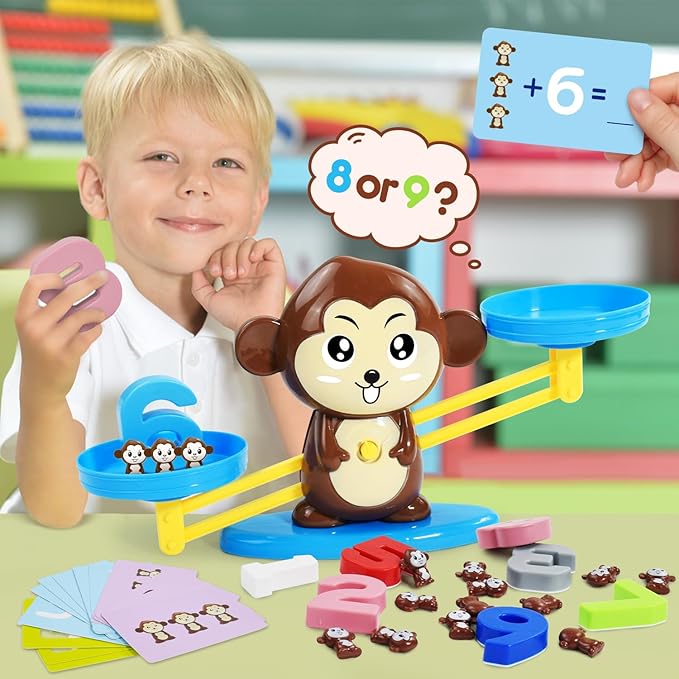 BAKAM Monkey Balance Scale Toy, Number Counting Blocks Games, Montessori Math Games for Kids 5-7, Preschool Kindergarten Learning Activities, STEM Educational Toys for 3+ Year Old-BubblyBeeBaby