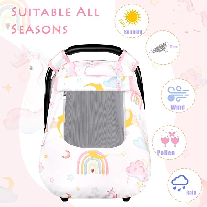 Baby Carseat Cover Girls, Pea Pod Unicorn Infant Car Seat Covers Canopy for Newborn with 2 Layers Windows of Breathable Mesh/Fabric, Lightweight Polyester/Minky Dot Backing, Snug Fit-BubblyBeeBaby