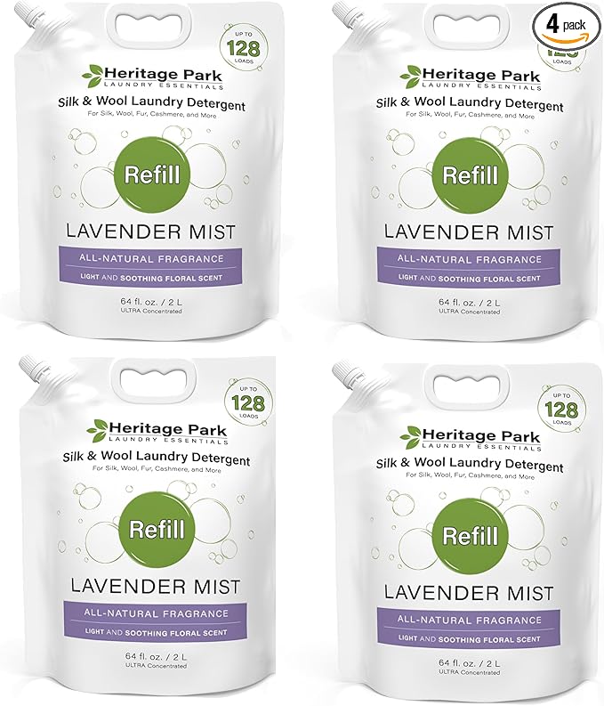 Heritage Park Silk & Wool Fragrance Free, Hypoallergenic, pH-Neutral Laundry Detergent - Dermatologist-tested, Sensitive Skin-Friendly, Enzyme-Free, Ultra Concentrated (64 fl oz Refill, 4-Pack)-BubblyBeeBaby