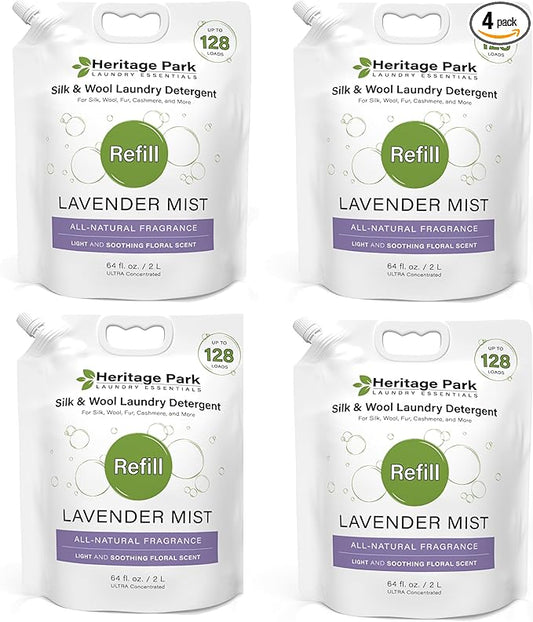 Heritage Park Silk & Wool Fragrance Free, Hypoallergenic, pH-Neutral Laundry Detergent - Dermatologist-tested, Sensitive Skin-Friendly, Enzyme-Free, Ultra Concentrated (64 fl oz Refill, 4-Pack)-BubblyBeeBaby