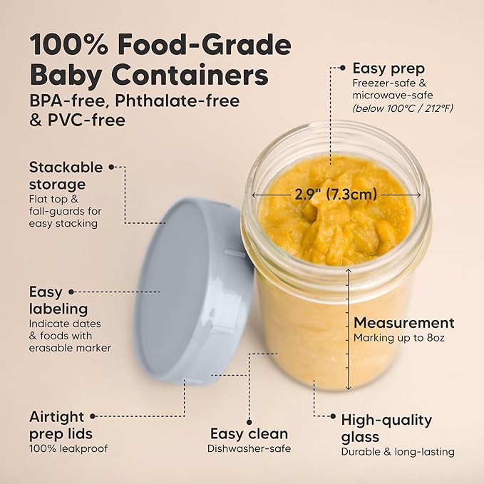 KeaBabies 4pk 8oz Glass Baby Food Containers with Lids - Leak-Proof, Microwavable Small Glass Jars, Baby Purees & Toddler Snack Storage Containers, BPA-Free, Dishwasher & Freezer Safe (Slate)-BubblyBeeBaby