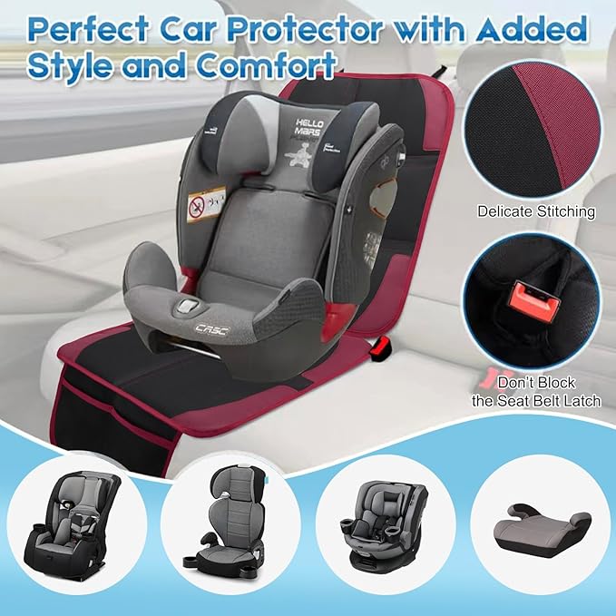 Car Seat Protector for Child, 2 Pack With Mesh Pockets & Non-Slip Backing 600D Durable Under Baby Seat Cover for Back Seat (Burgundy, Standard)-BubblyBeeBaby