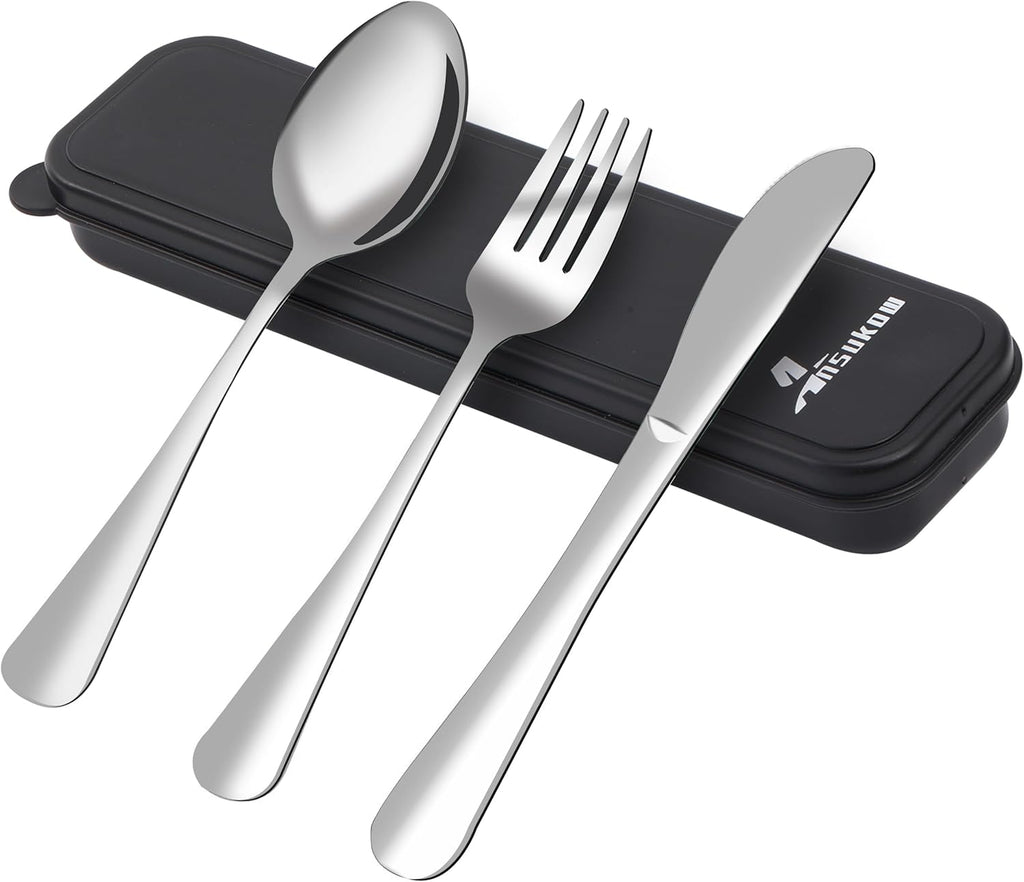 4 Picec Travel Utensils Camping utensils Travel Silverware Set with Case Fork and Spoon Set Office Stainless Steel Reusable Trip Cutlery Set Easy to journey Lightweight Lunch Box for Men