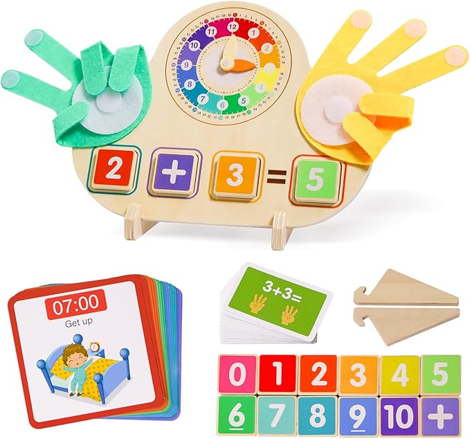Montessori Learning Toys for Toddlers 3 4 5 years, Finger Counting Number Blocks and Clock Wooden Toys for Kids, Educational Math manipulatives Toys, Preschool Wood Homeschool Educational Math Toy.-BubblyBeeBaby