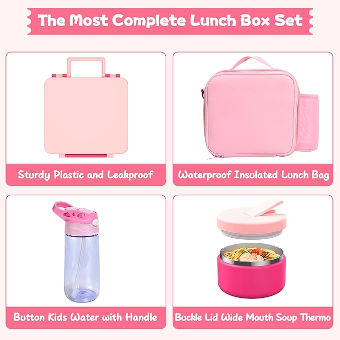 Kids Bento Lunch Box with 8oz Soup Thermo, Water Bottle, Leakproof Lunch Food Containers with 4 Compartment, Kids Insulated Hot Food Jar with Lunch Bag for School(Pink)-BubblyBeeBaby