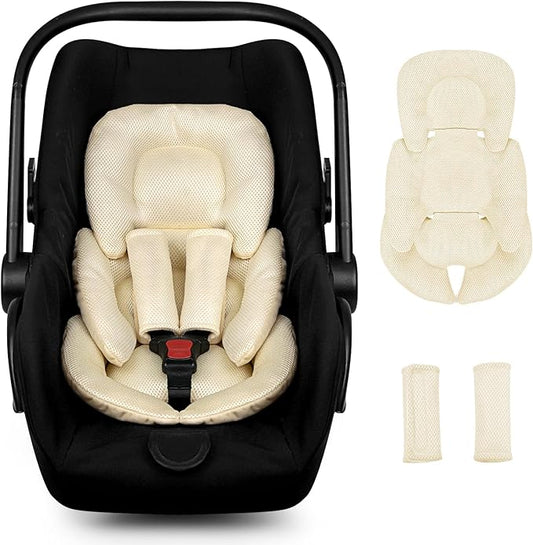 Infant Car Seat Insert for Newborn Girls Boys, Summer Mesh Baby Carseat Head Support with Strap Pads, Soft Reversible Baby Car Seat Insert Cushion Pad for Car Seat, Stroller, Bouncer, Swing, Beige-BubblyBeeBaby