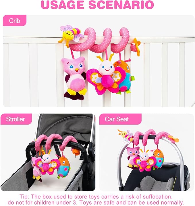 Jollybaby Baby Car Seat Stroller Toys, Plush Activity Hanging Spiral Activity Pram Crib with Music Box, Rattles, Squeaker for Babies Infant Boys Girls(Pink)-BubblyBeeBaby