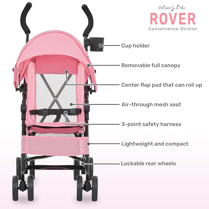 Dream On Me Rover Convenience Baby Stroller in Pink, Lightweight & Compact Umbrella Stroller, Easy one-Hand fold Travel Stroller, Lockable Rear Wheels, Removable & Adjustable Canopy-BubblyBeeBaby