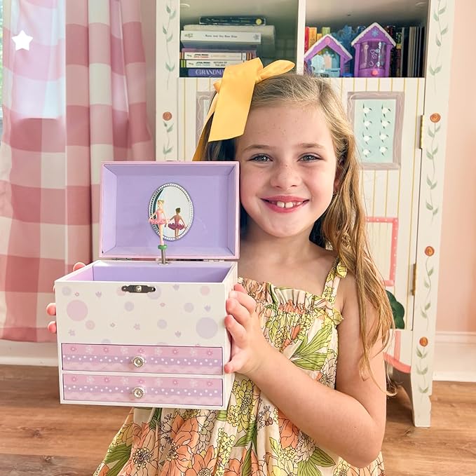 Jewelkeeper Jewelry Box for Girls with Ballerina and Music Box - Dual Drawers and Spacious Storage - Swan Lake Tune - White and Purple Jewelry Keepsake Chest - 6 x 6.75 x 5.25 Inches-BubblyBeeBaby