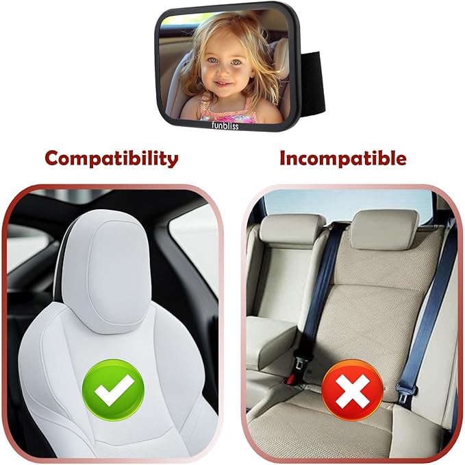 Funbliss Baby Car Mirror for Fixed Headrest, Compatible with Tesla Car Mirror for Baby and Other Models, 360° Rotation Clear & Wide View, Easy Install with Non-Slip Elastic Fixing-BubblyBeeBaby