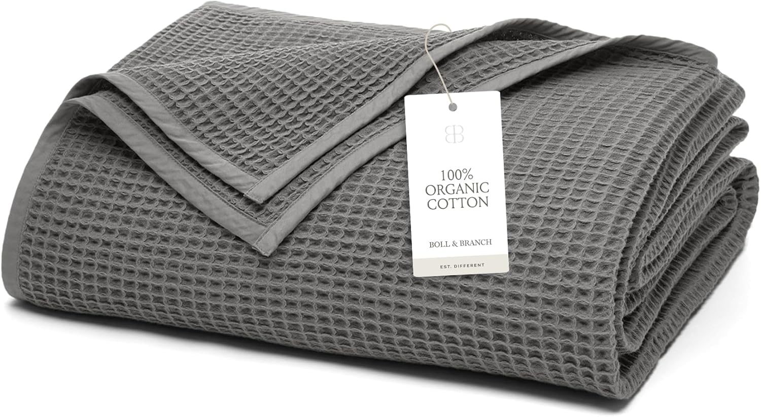 BOLL & BRANCH Waffle Bed Blanket - King/Cal King, Stone - Luxury 100% Organic Cotton - Soft, Lightweight and Breathable - Textured Waffle Weave Design