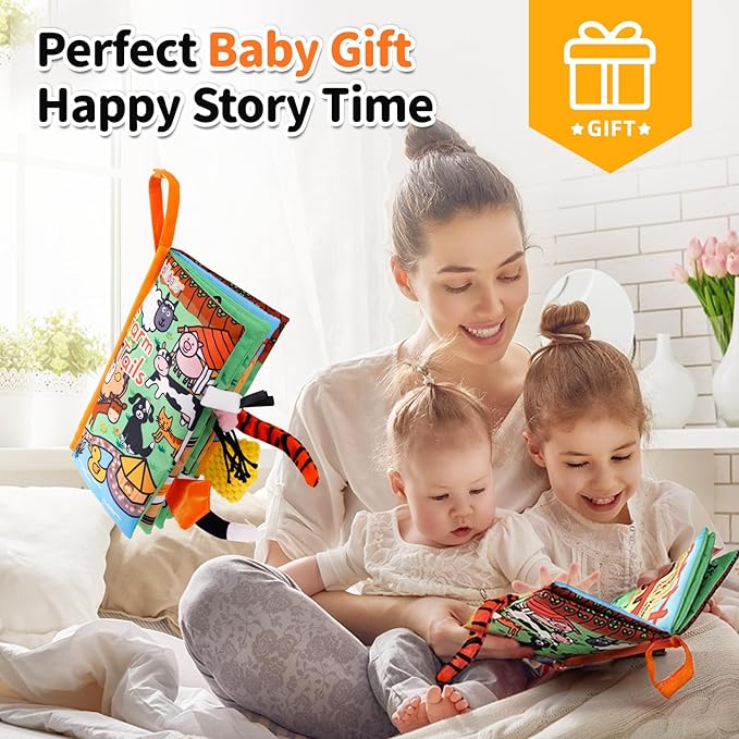 Jollybaby Baby Cloth Books, Touch & Feel Crinkle Soft Books, for Infants Babies, Toddler Early Educational Interactive Stroller Toys, Baby Girl & Boy Gift(Farm Tails)-BubblyBeeBaby