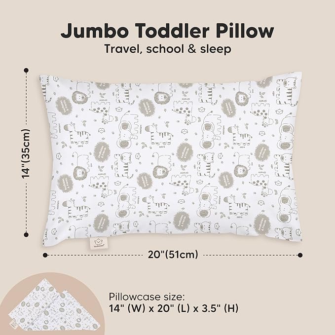 KeaBabies Toddler Pillow with Pillowcase, Jumbo 14X20 - Soft Organic Cotton Toddler Pillows for Sleeping - Machine Washable - Perfect for Travel, Toddler Bed Set (KeaSafari)-BubblyBeeBaby