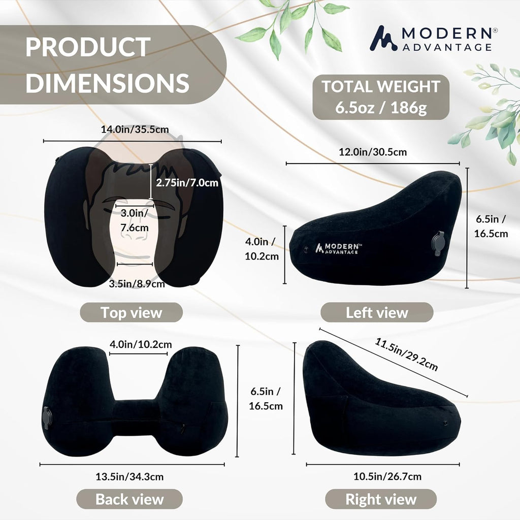 Modern Advantage Inflatable Travel Pillow for Airplanes – Hooded Neck Pillow with Adjustable Support – Comfortable, Compact & Travel-Friendly – Perfect for Sleeping on Long Flights (Black)
