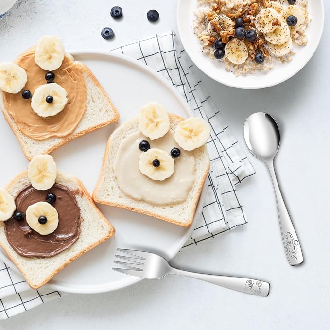 14-Piece Toddler Flatware, Kids Utensils Stainless Steel Cutlery Set, Children Safe Spoons and Forks with Ergonomic Handle, Easy to use and Dishwasher Safe (Crocodile and Bear)-BubblyBeeBaby