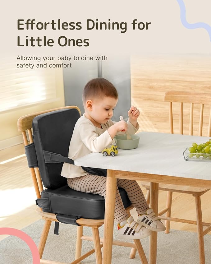 HOMEAL Booster Seat for Kitchen Chair, Breathable Toddler Booster Seat for Dining Table with Backrest and Adjustable Straps, Portable Travel Toddler Booster Seat, Dark Grey-BubblyBeeBaby