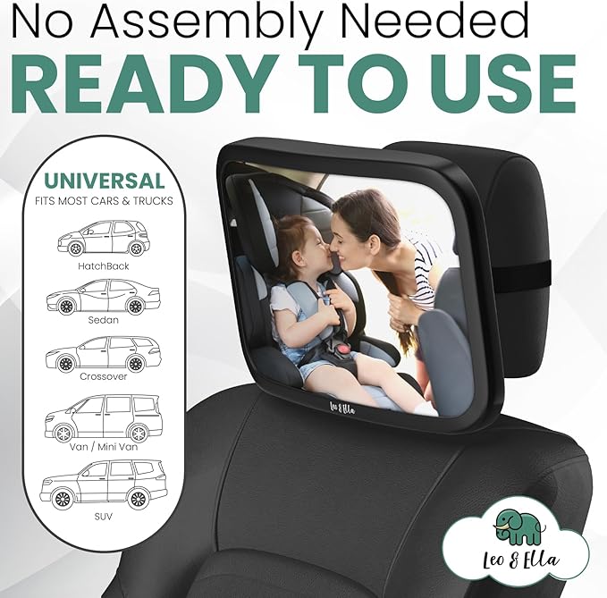 Leo and Ella - Baby Car Mirror - Extra Large & Ultra Clear Infant View, Crash Tested Shatterproof Design w/ 360° Adjustable Mount, Premium Car Mirror For Baby-BubblyBeeBaby