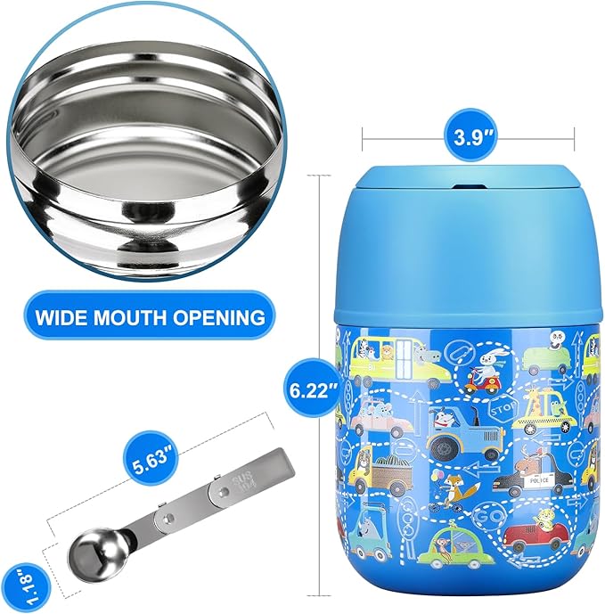 17 oz Insulated Lunch Containers Hot Food Jar, Wide Mouth Lunch Thermo for Kids Adults, Vacuum Stainless Steel Lunch Box With Handle Folding Spoon for School, Office Blue - Car-BubblyBeeBaby