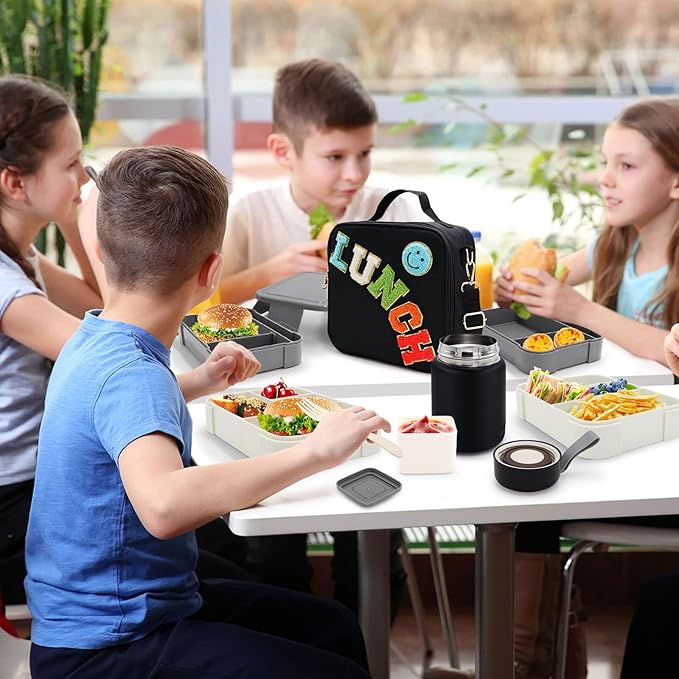 Insulated Lunch Bag for Boys Girls with 10oz Thermo, with 6 Compartment Bento Box, Black Nylon Preppy Lunch Box Adjustable Strap for Boy Girl Kids Teens School Travel Picnic-BubblyBeeBaby