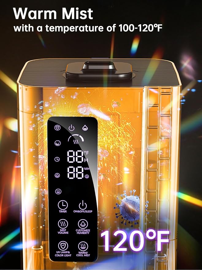 2.64Gal Humidifiers for Bedroom Large Room, Warm and Cool Mist up to 500ft², Top Fill Diffuser Ambient Light, 3 Mist Modes, 24H Timer, 35dB Quiet Humidifier for Home Office Plant-BubblyBeeBaby