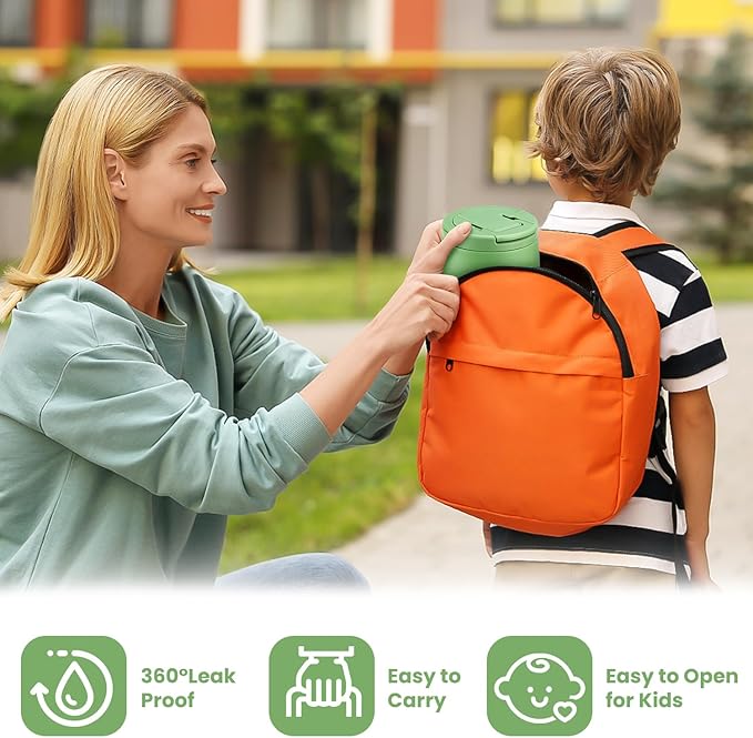 14oz Insulated Vacuum Food Jar with Buckle Lid,Soup Thermo for Hot Food Kids,Wide Mouth Leakproof Stainless Steel Lunch Container with Spoon-Green-BubblyBeeBaby