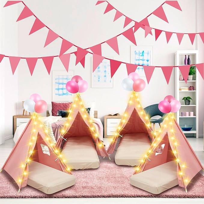 2 Pack Kids Teepee Tent with Mattress,Fitted Sheet,Light String,Washable Natural Cotton Toddler Play Tent for Girls Boys Indoor Outdoor Sleepover Slumber Birthday Party(Pink)-BubblyBeeBaby