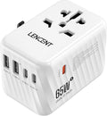 LENCENT International Travel Adapter, 65W GaN3 Universal Fast Charger with 2 USB A + 3 Type C PD, Worldwide Power Adaptor for Phones,Laptops, All in One Travel Essentials for EU/USA/UK/AU, White