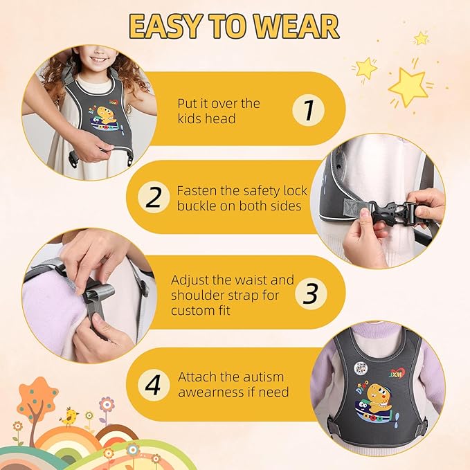 2025 New Safety Harness for Autism and Special Needs Child (3-6 yrs), Anti-Elopement Vest Harness with Light Reflector and Grab Handle for Active, Autistic ADHD Kids,Adjustable Tether Leash with Pouch-BubblyBeeBaby