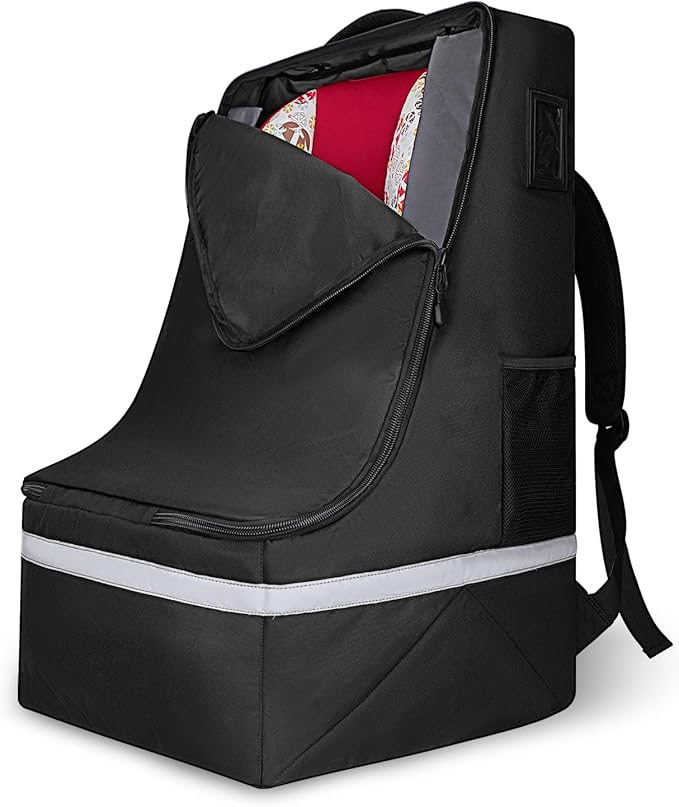 Car Seat Travel Bag for Airplane,Infant Seat Travel Bag with Shoulder Strap,Padded Car Seats Backpack with Reflective Stripes,Large Carseat Carrier Bag Travel Car Seat Cover, Black-BubblyBeeBaby