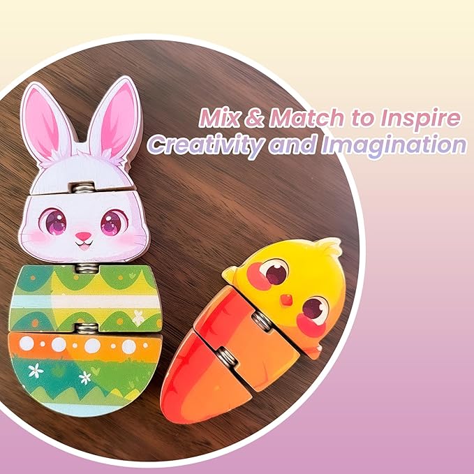 HUZU Easter Snap Builders, Easter Basket Stuffers Bunny, Carrot, Egg, Chick Wooden Puzzle Toy, Basket Essentials Take Apart & Mix Characters Kids Montessori STEM Fine Motor Skill-BubblyBeeBaby