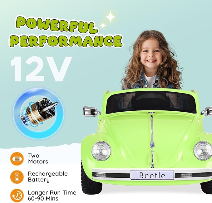 12V Kids Electric Car, Power Wheels with Remote Control, Ride on Car Toys with LED Light, 3 Speeds, Music, Green-BubblyBeeBaby