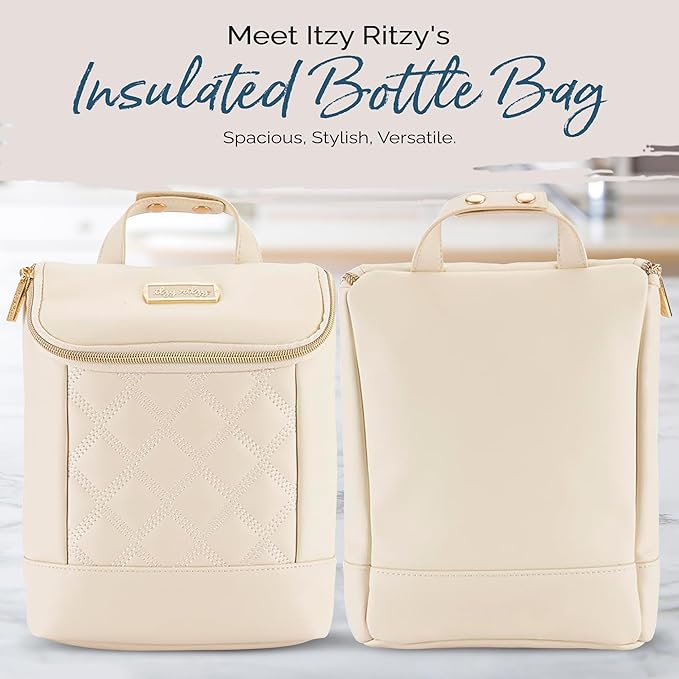 Itzy Ritzy Insulated Bottle Bag – Keeps Bottles Warm or Cool - Holds 3 Bottles & Features Interior Pocket for Ice Pack (Not Included), Milk & Honey-BubblyBeeBaby