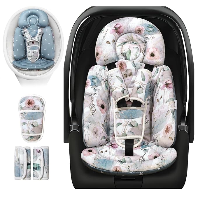 Upgraded Infant Car Seat Insert, 2-in-1 Reversible Baby Car Seat Head Support with 3 Strap Covers, All Seasons Newborn Car Seat Insert and Baby Carseat Cushion for Stroller, Swing, Rocker, Bassinets-BubblyBeeBaby