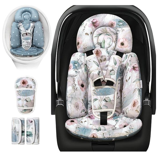 Upgraded Infant Car Seat Insert, 2-in-1 Reversible Baby Car Seat Head Support with 3 Strap Covers, All Seasons Newborn Car Seat Insert and Baby Carseat Cushion for Stroller, Swing, Rocker, Bassinets-BubblyBeeBaby