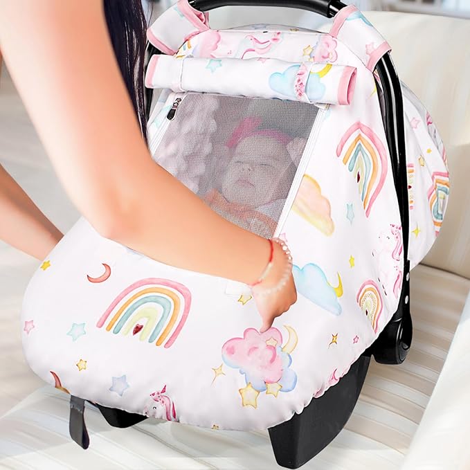 Baby Carseat Cover Girls, Pea Pod Unicorn Infant Car Seat Covers Canopy for Newborn with 2 Layers Windows of Breathable Mesh/Fabric, Lightweight Polyester/Minky Dot Backing, Snug Fit-BubblyBeeBaby