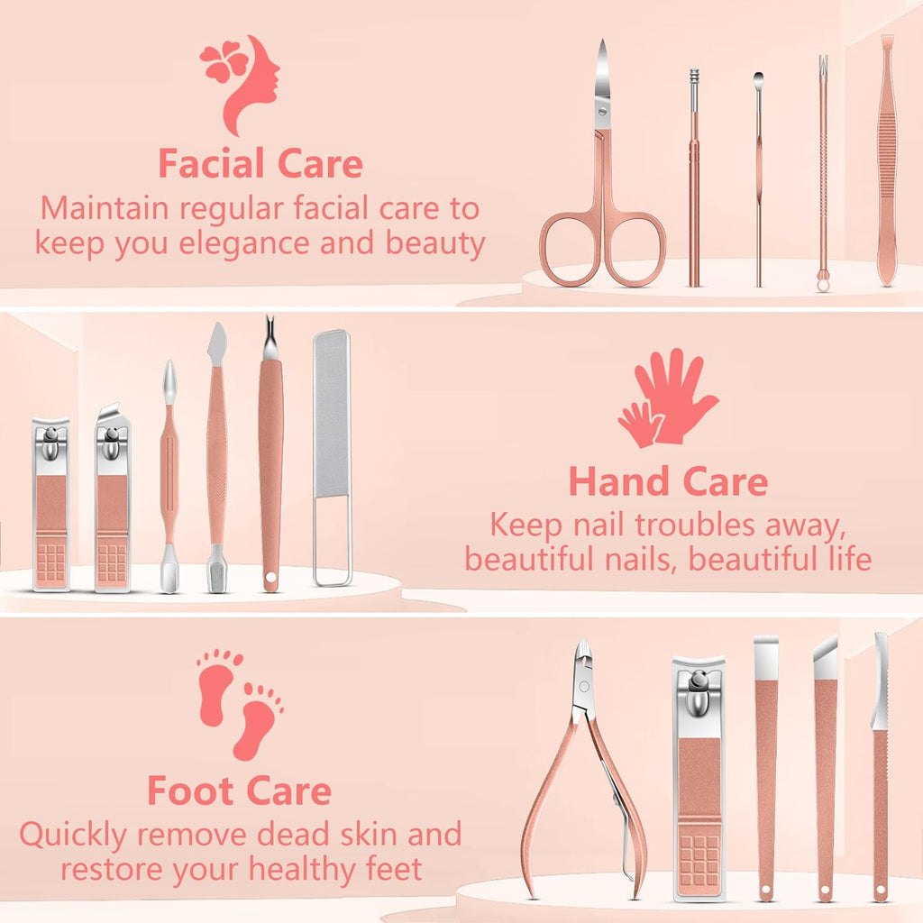 Manicure Set 16Pcs Professional Stainless Steel Pedicure Kit Mens Grooming Kit Fingernail & Toenail Clippers Set Manicure Kit with Luxurious Travel Bag, Sharp Nail Scissors and Clipper (Pink)