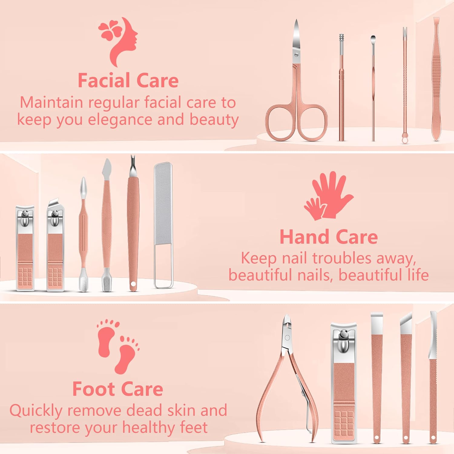 Manicure Set 16Pcs Professional Stainless Steel Pedicure Kit Mens Grooming Kit Fingernail & Toenail Clippers Set Manicure Kit with Luxurious Travel Bag, Sharp Nail Scissors and Clipper (Pink)