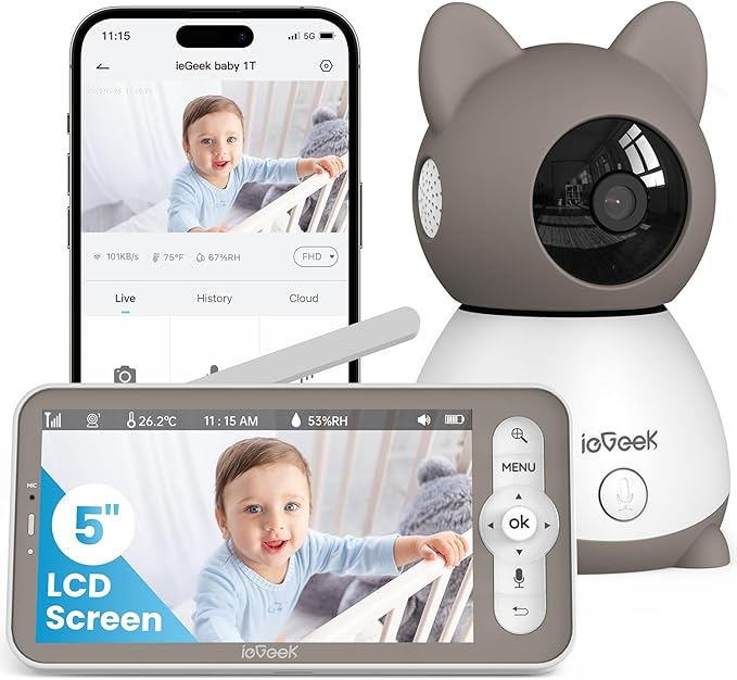 ieGeek Baby Monitor with 2K Camera and Audio - Video Monitor with 5" Screen - Night Vision, Two-Way Talk, Cry & Motion Detection, Temper& Humidity Sensor, PTZ, Remote Control via Screen and Free APP-BubblyBeeBaby