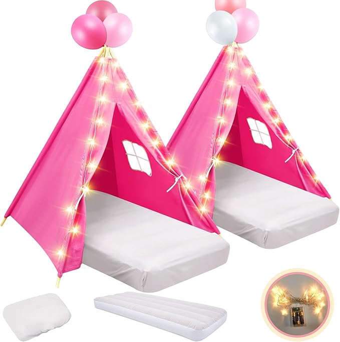 2 Pack Kids Teepee Tent with Mattress,Fitted Sheet,Light String,Washable Natural Cotton Toddler Play Tent for Girls Boys Indoor Outdoor Sleepover Slumber Birthday Party(Rose Red)-BubblyBeeBaby
